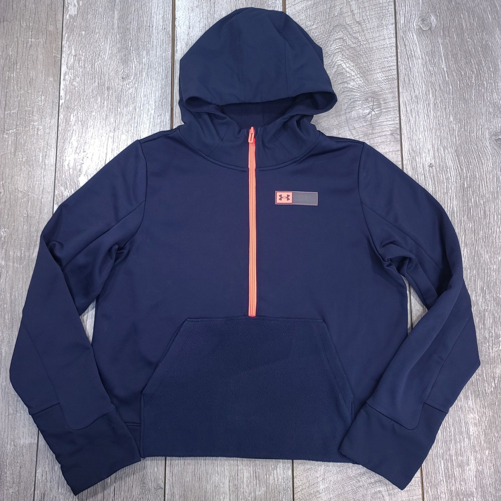 Under Armour Hoodie Women Medium Navy Blue Half Zip Fleece Pocket Mixed Media